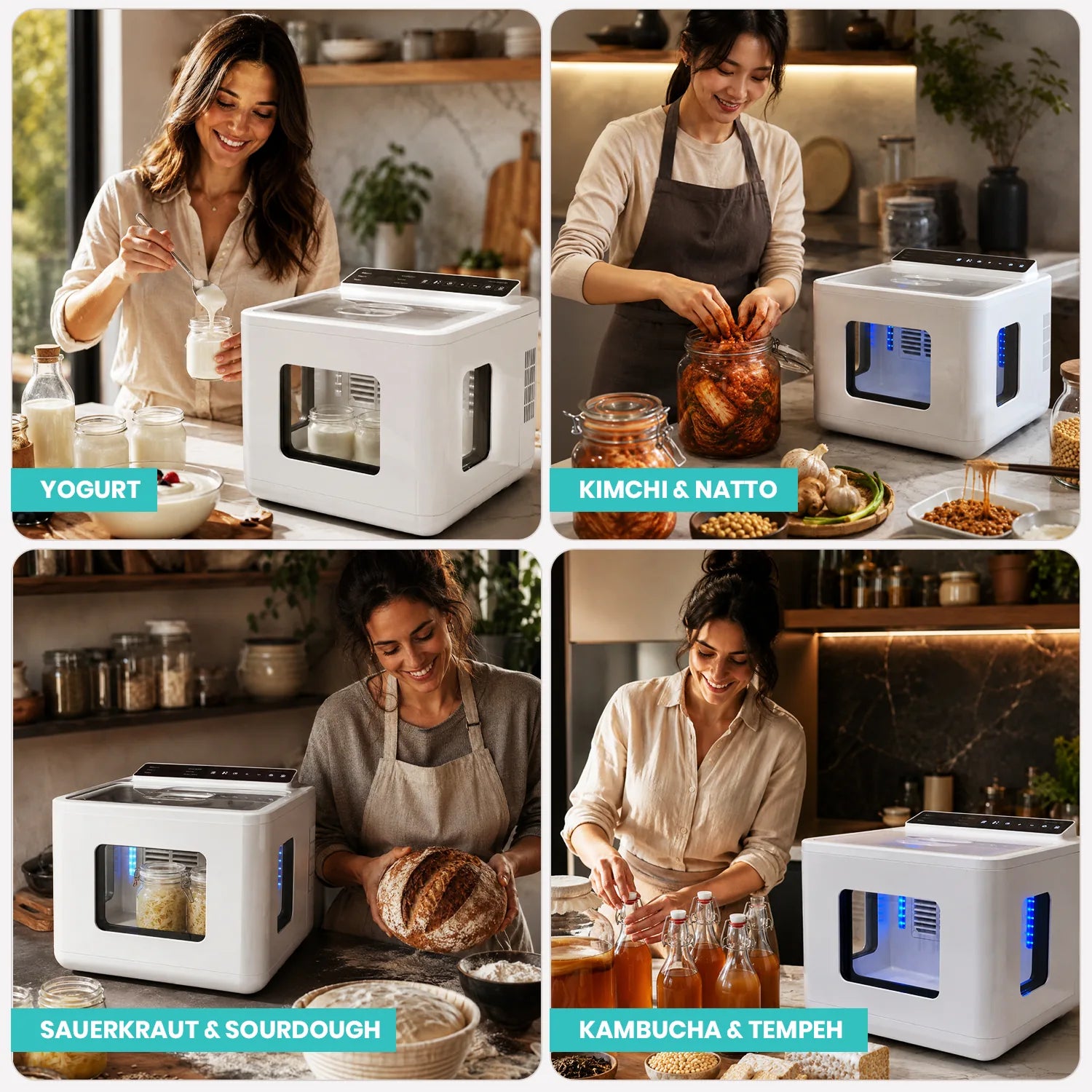 People using FermentPro for yogurt, kimchi, natto, sauerkraut, sourdough, kombucha and tempeh