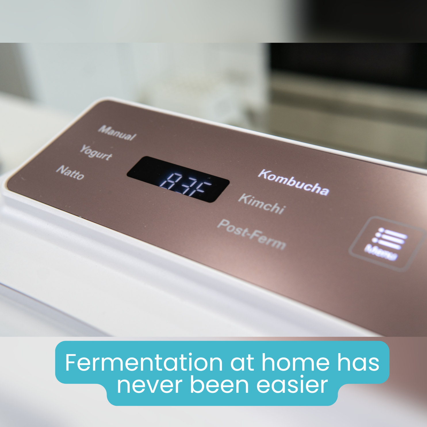Digital temp control on panel of fermentpro machine with  kitchen background