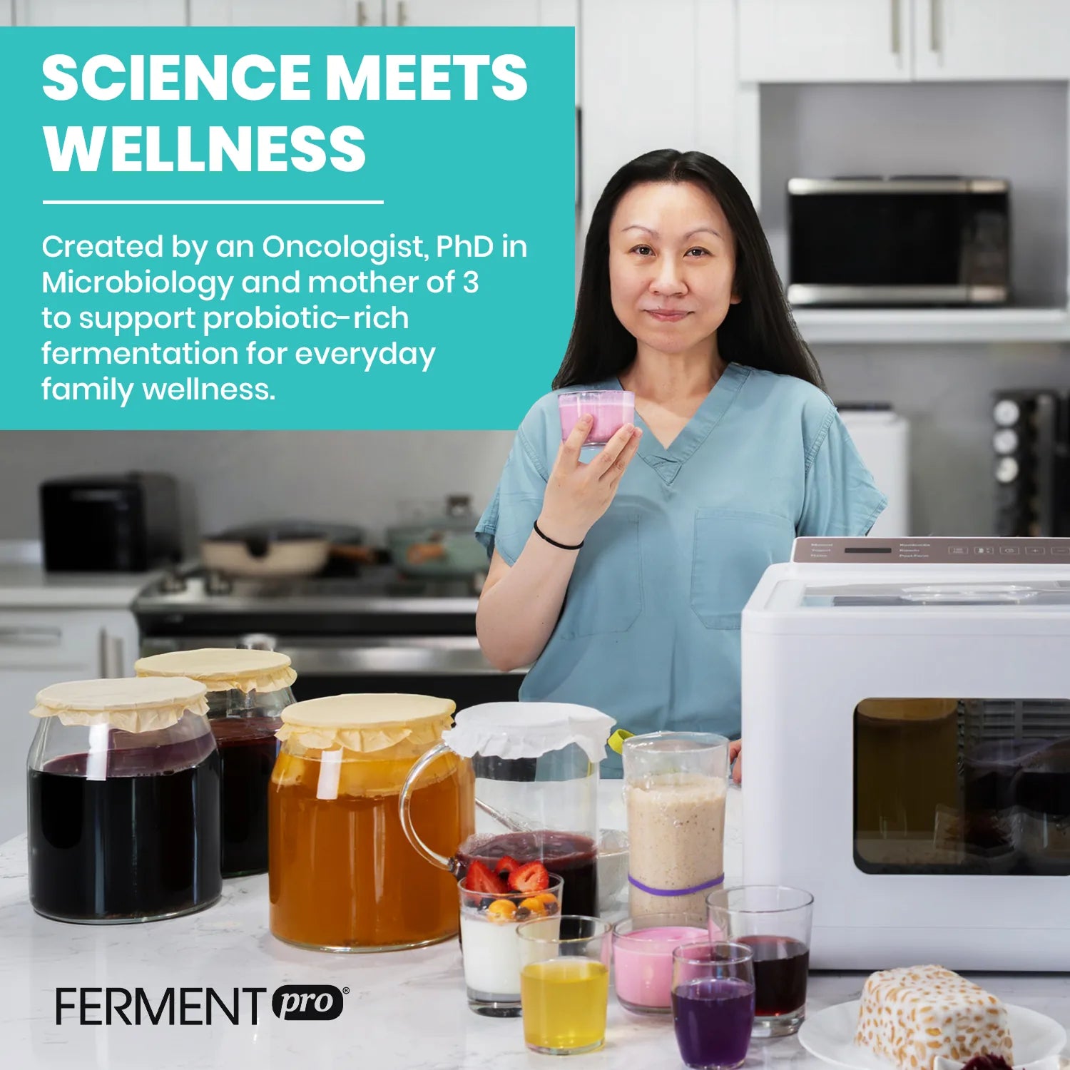 FermentPro founder in a kitchen with fermented foods