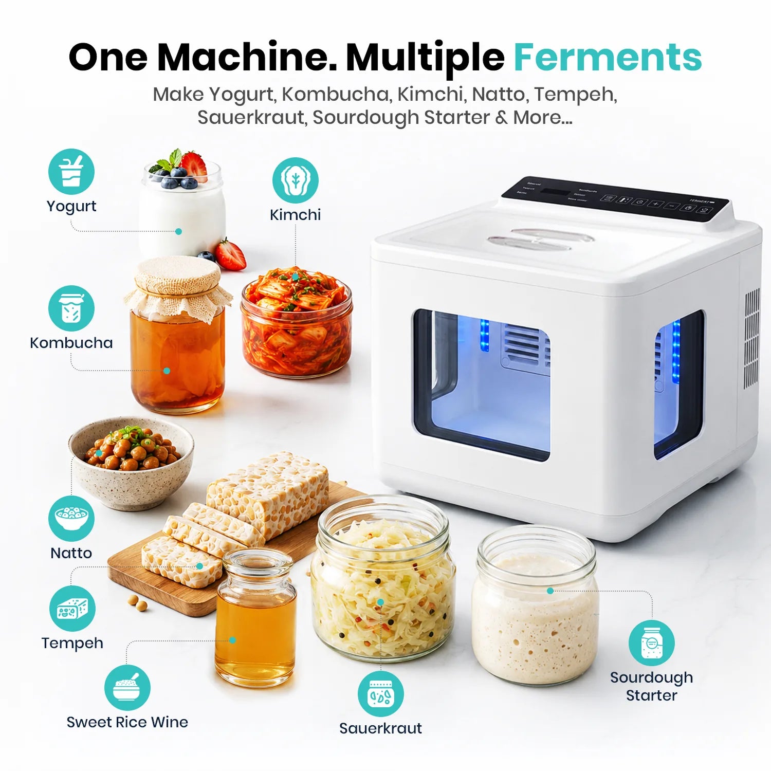 FermentPro machine surrounded by homemade yogurt, kombucha, kimchi, natto, tempeh, sauerkraut and sourdough