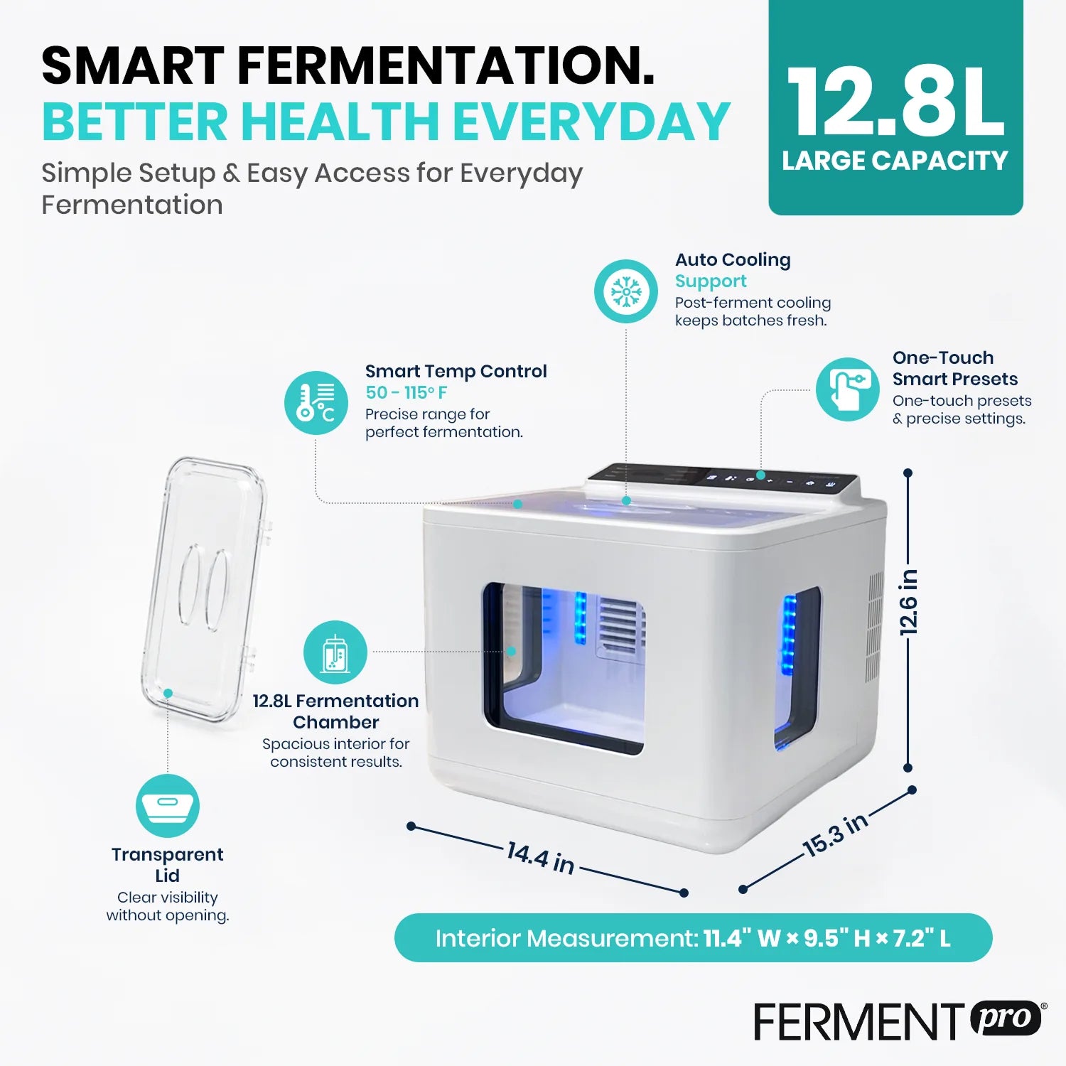 FermentPro size, temperature range, capacity and control features